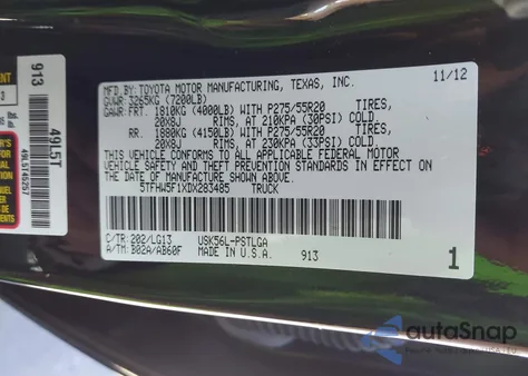 2013 Toyota Tundra Platinum 5.7L V8 from USA, damaged, VIN 5TFHW5F1XDX283485